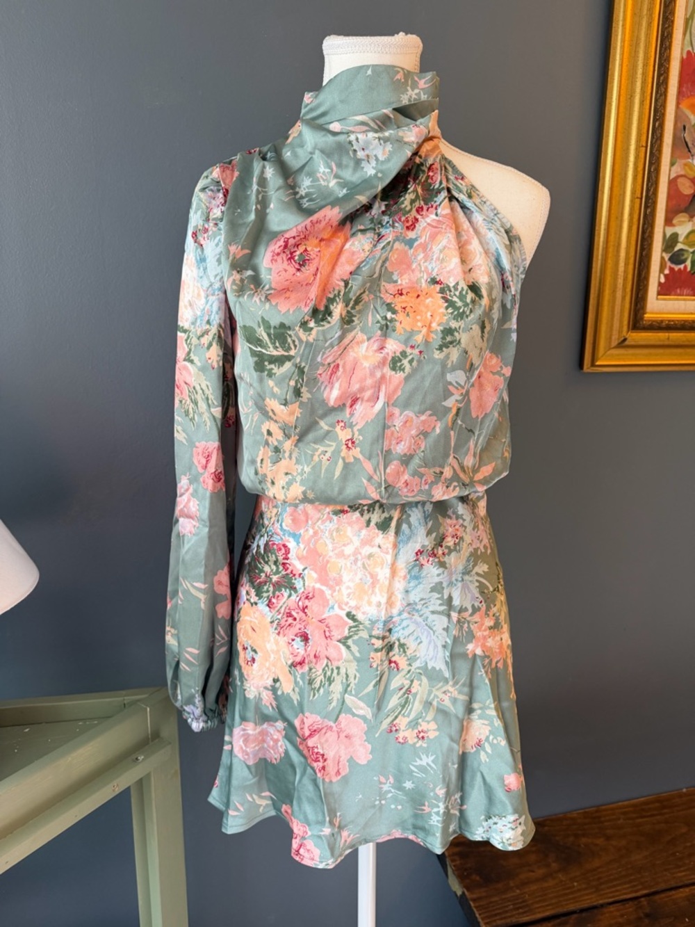 Hello Molly Sage Green One-Shoulder Floral Mini Dress